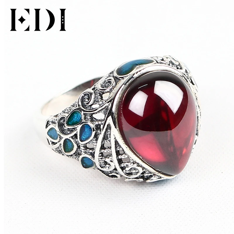 EDI Vintage 925 Sterling Silver Rings For Women Gemstone Dripping Garnet Cloisonne Female Folk Style Big |