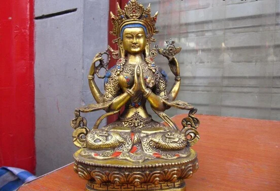 

song voge gem S0150 9"Tibet Bronze Gild Four-armed Avalokitesvara Kwan-Yin Guan Yin Buddha Statue