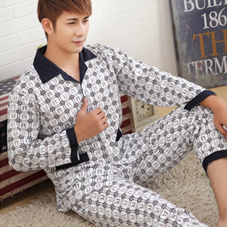 Новая хлопковая Мужская спальная пижама с длинным рукавом длинными штанами