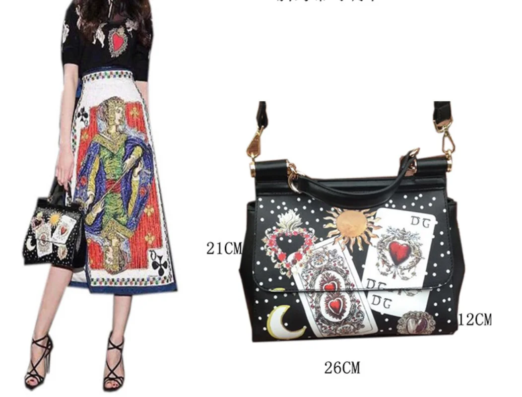 Girls Womens Handbag Makeup Poker Heart Printed Square Bag Should Messenger Satchel Purse Bags Large Black A872 | Багаж и сумки