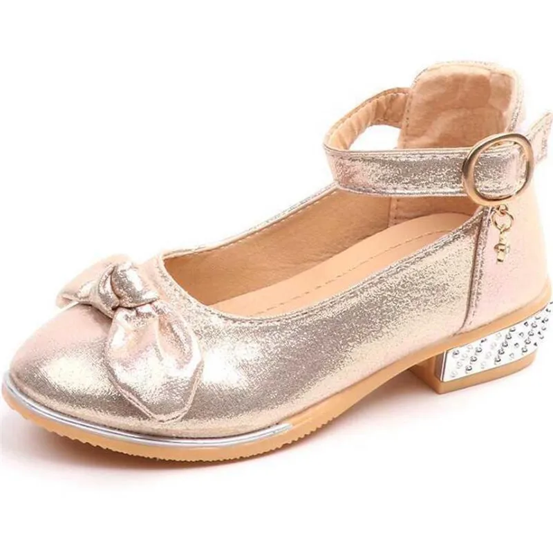 

High-quality children's shoes 2018 spring new large bow diamond girls leather shoes children princess dress dance flat shoes