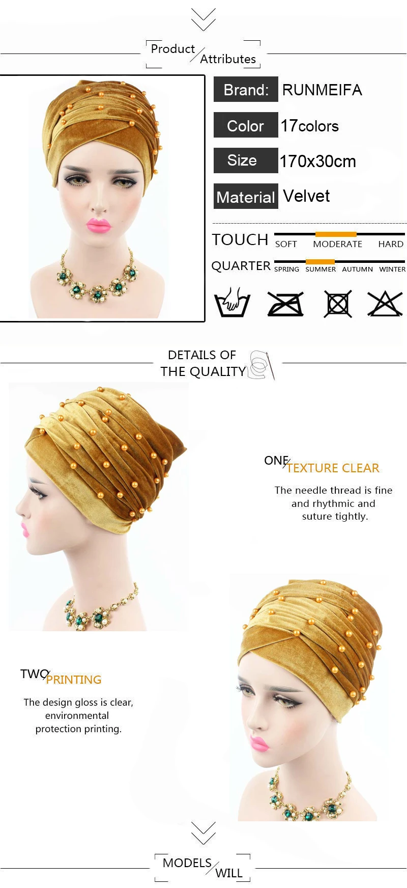 RUNMEIFA Дизайн мусульманский Skullies& Beanies бархатный шарф шапка для дам роскошный бренд жемчужный головной шарф африканская шапка