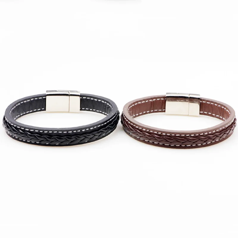 Vintage Black Brown Genuine Leather Bracelet Men Magnet Clasp Stainless Steel Cuff Bracelets Bangles Male Fashion Jewelry|leather bracelet|leather
