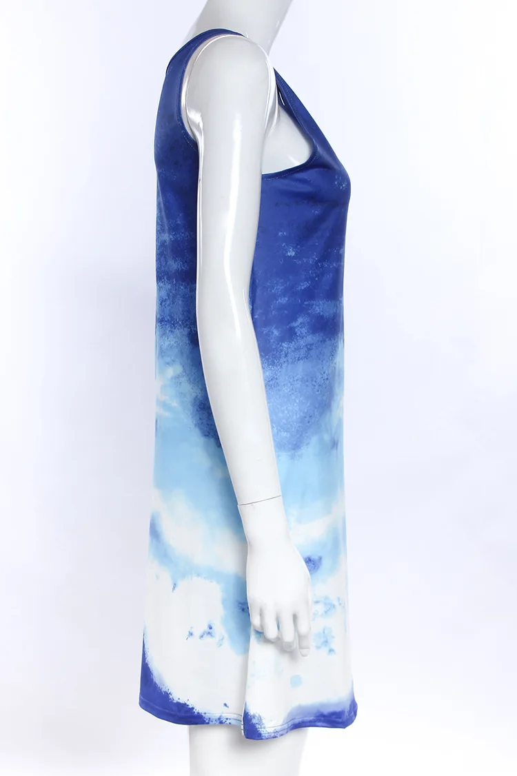 Summer Women Casual Loose Sleeveless O Neck Mini Dress Clubwear Fashion Blue Gradient Dresses Beach Vestidos | Женская одежда
