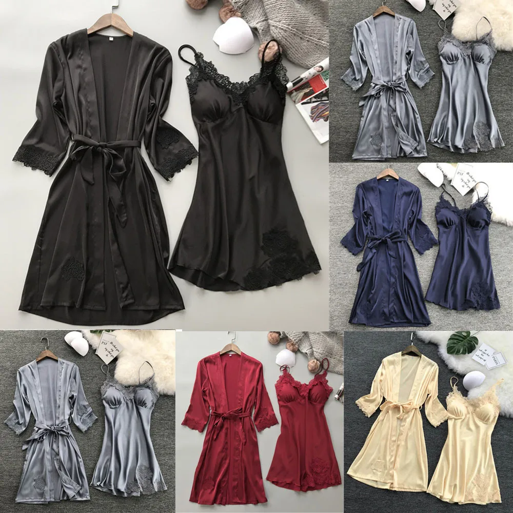

Pijama Lingerie Women Silk Lace Robe Dress Babydoll Nightdress Sleepwear Kimono Set pyjamas women gecelik pizama damska J20