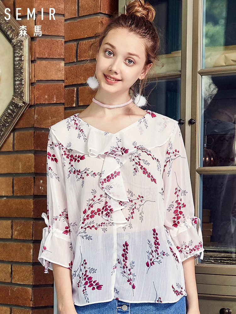 SEMIR женская шифоновая блузка с цветочным принтом оборкой воланом рукавами