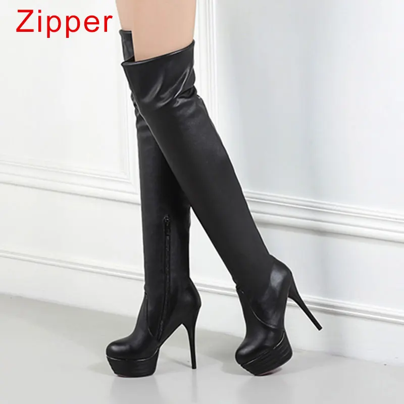 Black with Zipper Taoffen/пикантные ботфорты выше колена размера плюс 33-46 женские высокие сапоги осень-зима женские бархатные сапоги на платформе - Цвет: Black with Zipper