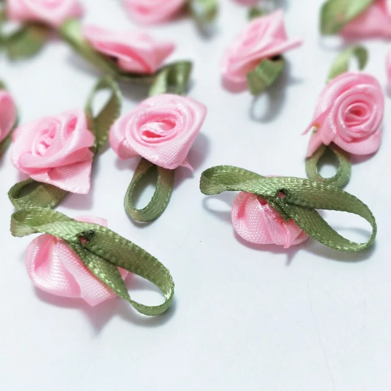 HL 100 шт оптом и в розницу Розовые розы ленты цветы с листьями аппликации свадебное
