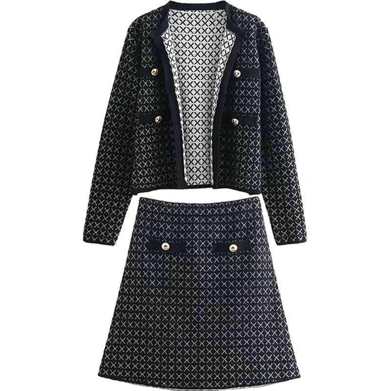 Fashion jacquard cardigan jacket half skirt suit women Joker diamond pattern button + short set | Женская одежда
