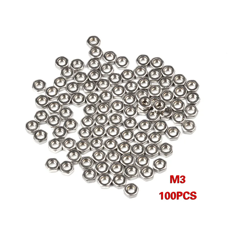 M3 100 шт. M2 M3 M4 M5 M6 метрические резьбовые шестигранные гайки 304 Набор шестигранных гаек из нержавеющей стали - Цвет: M3