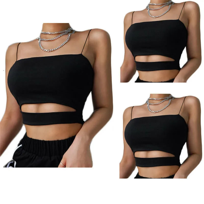 Женский черный топ на бретелях с вырезами сексуальный укороченный бретельках