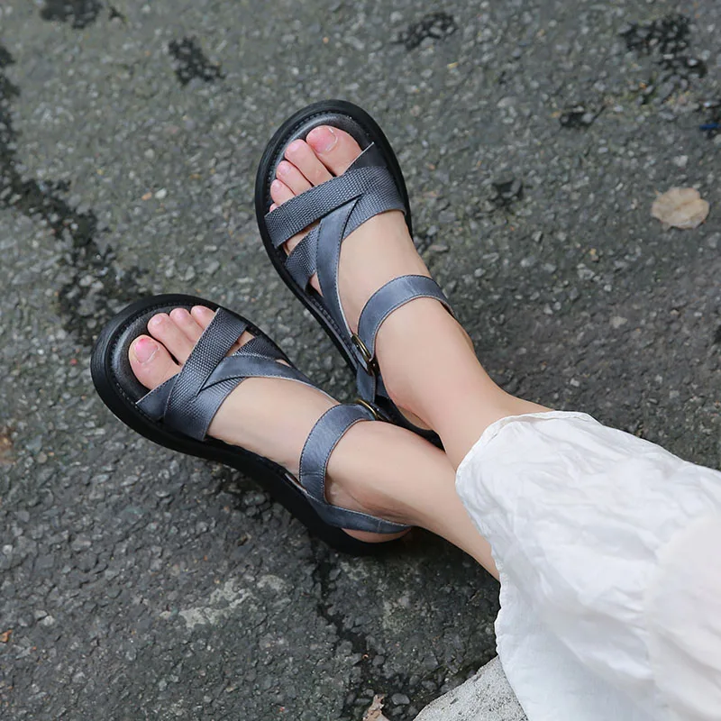VALLU 2018 Summer Shoes Women Platform Sandals Cross Strap Buckle Ankle Strap Genuine Leather Ladies Wedge Sandals