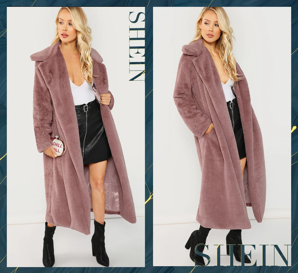 SHEIN Длинное Пальто Тедди, Длинное Пальто Из Эко Меха, Верхняя Женская Одежда Из Это Меха