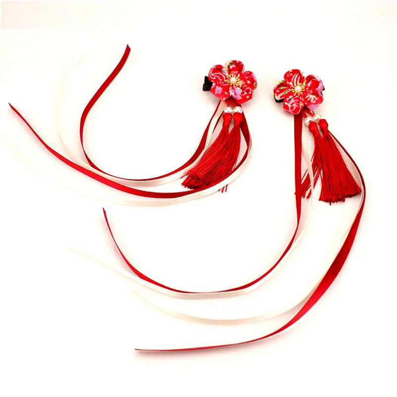 Заколки для волос Kanzashi юката ленты кисточки красные розовые девочек цветок