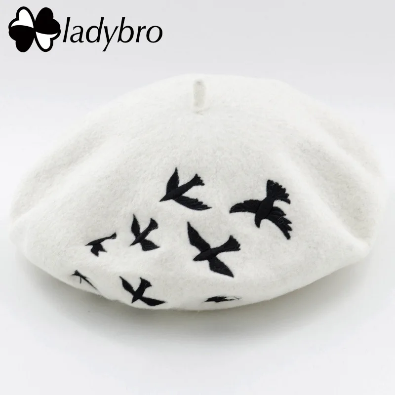 Ladybro осень-зима береты шапка с вышивкой женский шерстяной берет шапка в форме птицы шапка женская маляр шапка детская вязаная шапка с ушками Женская шапочка - Цвет: 002