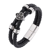 hot trendy men jewelry punk black braided leather men bracelet stainless steel flower bracelet male magnetic clasp bangle sp0330