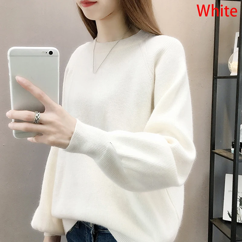 

New Winter Autumn Oversized Knitted Cashmere Sweater Women Lantern Sleeve Diamond Basic Thicken Pullovers