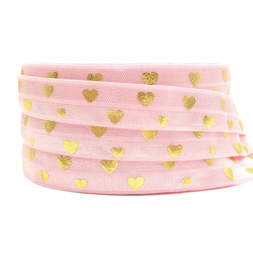 

5Yards 16mm Pink Gold Heart Print Fold over elastic FOE Elastic Ribbon DIY Hair Ribbon