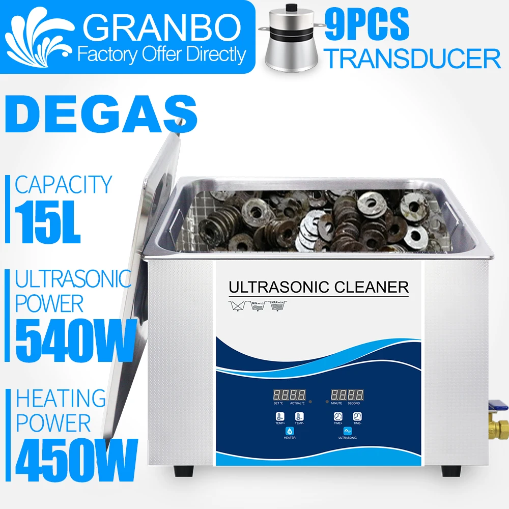 Granbo Digital Ultrasonic Cleaner 15L 540W DEGAS Heating Timer Piezoelectric Transducer 40Khz PCB Nozzle Injector Lab Solution