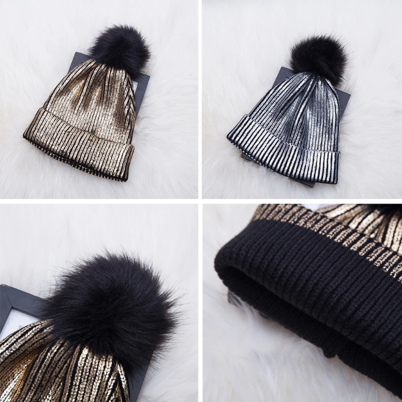 

Women Girls Winter Warm Metallic Shiny Knitted Crochet Beanie Hat With Pom Pom Silver Gold New