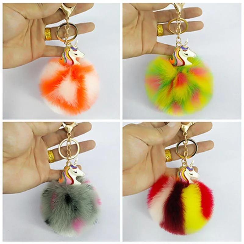

Anime Multi-Color Unicorn Party Key Ring Pendant With Fluffy Pom Pom Keychain Pendant Cartoon Unicorn Toy For Girls Bag Pendant