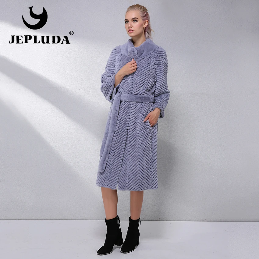 JEPLUDA Придаренный Шуба Натуральный Мех Кролика Рекс Женское Пальто Зимнее с