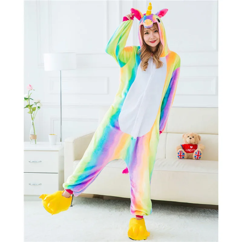 Rainbow Unicorn 2 Весна-Зима, фланелевые пижамы с единорогом для влюбленных пар и женщин, пижамы с рисунками животных, одежда для сна с героями мультфильмов, дешевые пижамы с единорогом для взрослых - Цвет: Rainbow Unicorn 2