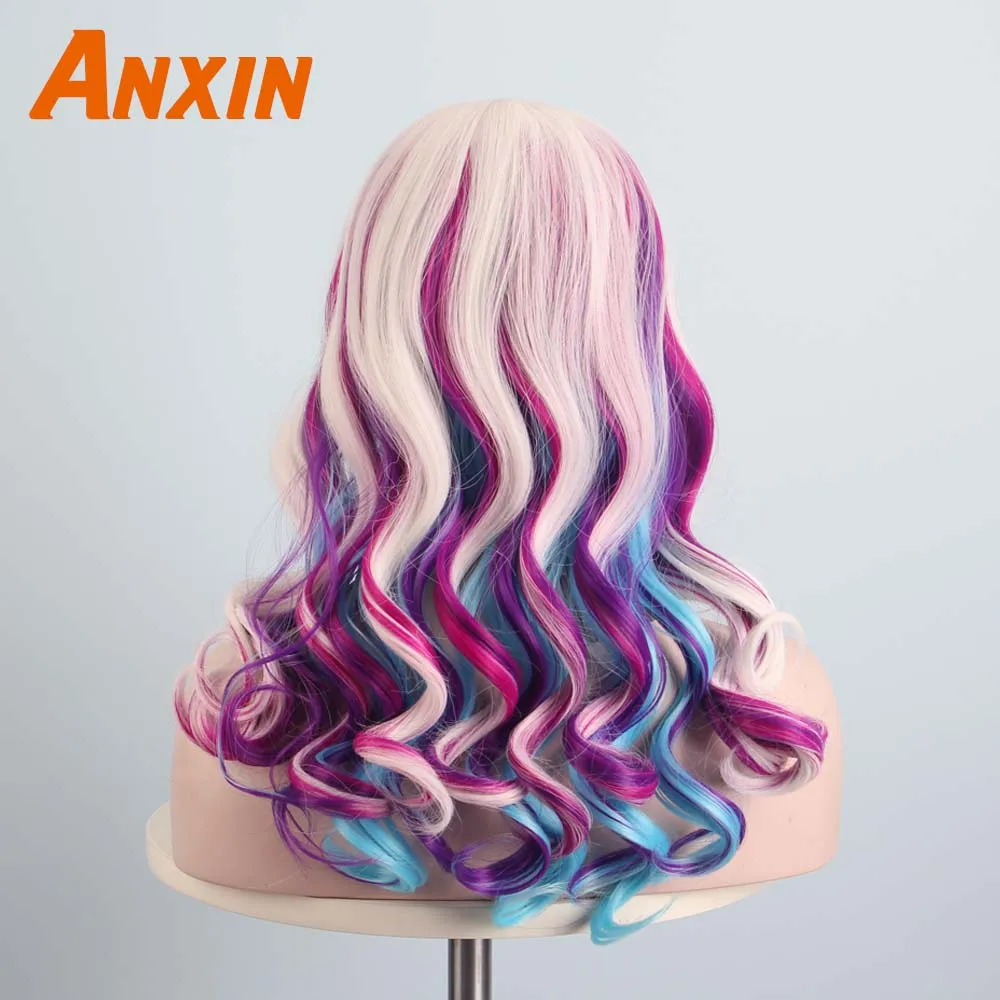 Anxin милые длинные волнистые красочные с цветком Bwoknot аксессуары вечерние аниме термостойкие синтетические парики для женщин девочек