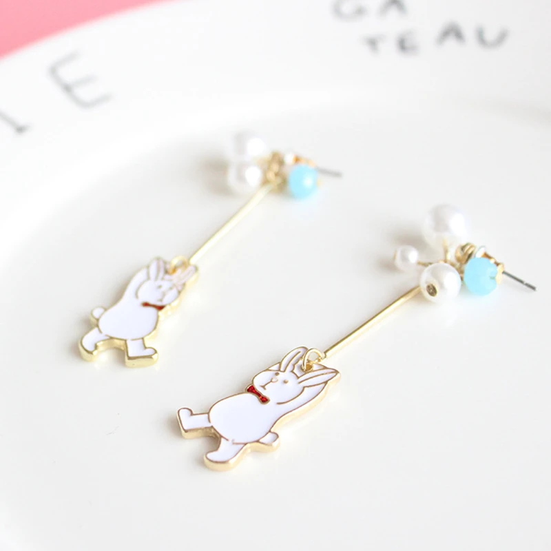 Doreen Box Alloy Stud White Rabbit Blue Beads Fashion Jewelry Animals Series Cut Earrings For Women Girl 1 Pair | Украшения и