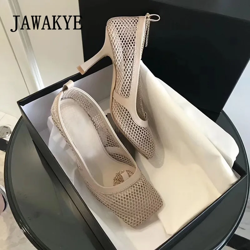 JAWKYE/пикантные сетчатые сандалии-гладиаторы на высоком каблуке; женская обувь с квадратным носком, украшенная цепочкой; Летняя обувь без застежки для рыбалки; Sandalias De Mujer