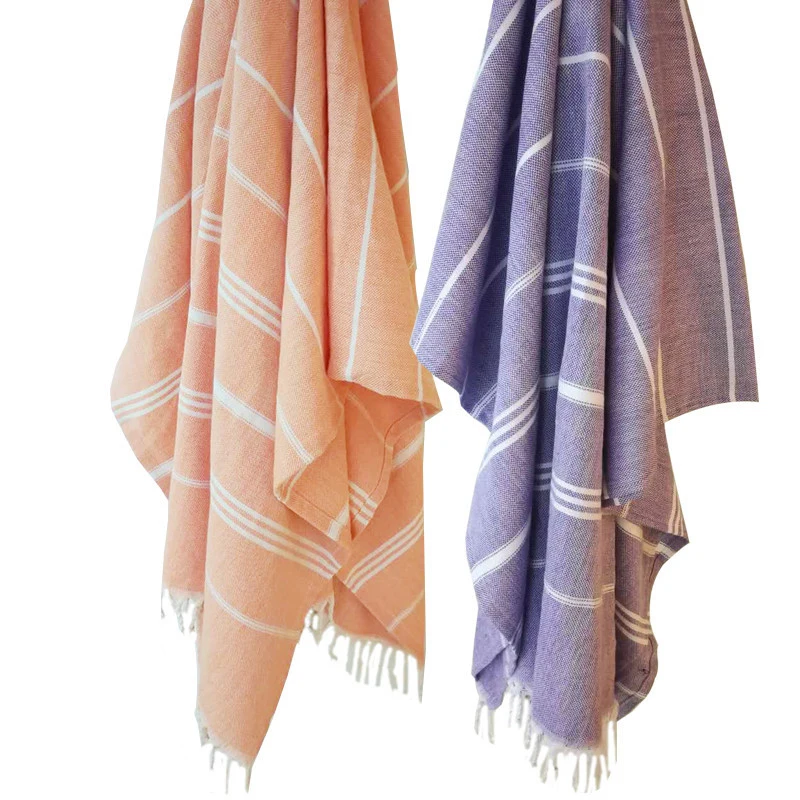 Хлопковое льняное пляжное банное полотенце в полоску с бахромой турецкое для