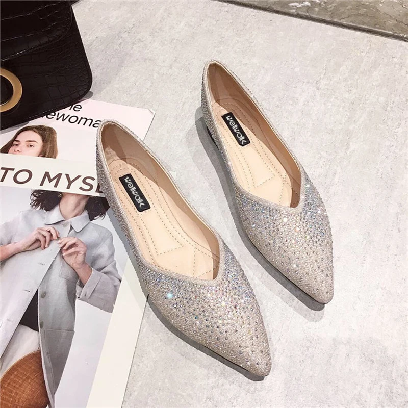 Wellwalk Flash Ballerinas Ladies Flat Shoes Women Crystal Ballet Flats Pointed Toe Moccasins Foldable Fashion Party Shoes Summer