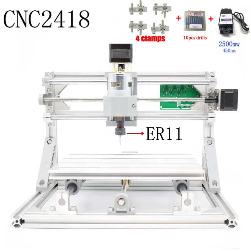 CNC 2418 ER11 GRBL управления Diy станок с ЧПУ, рабочая зона 24x18x4,5 см, 3 оси pcb ПВХ фрезерный станок, древесины маршрутизатор гравер - Цвет: cnc2418 ER11 2500mw