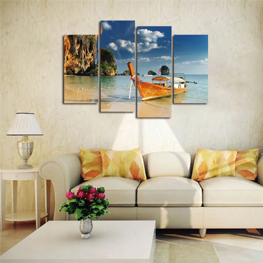 4 панели лодка Холст Картина пляж живопись на холсте Куадрос decoracion красоты