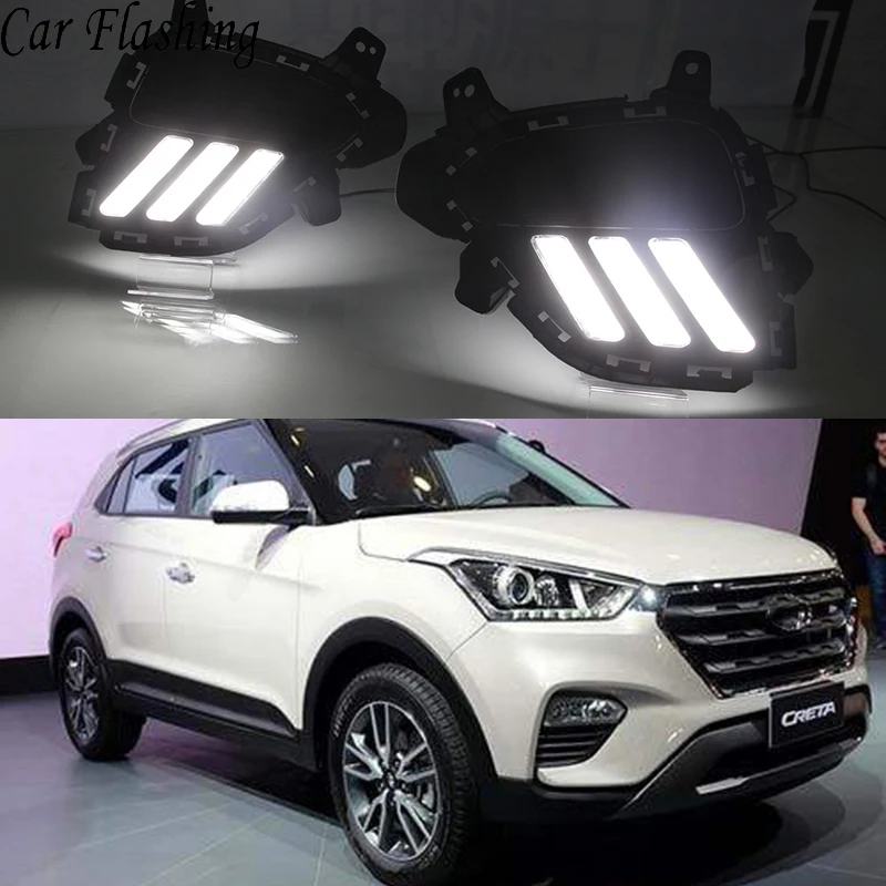 Автомобильные мигающие 2 шт. DRL для hyundai creta IX25 светодиодный дневные ходовые огни дневного света с желтым указателем поворота