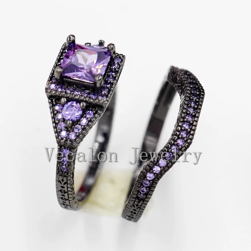 Vecalon Tremdy New Wedding Band Ring Set for Women purple AAAAA Zircon Cz 10KT Black Gold Filled Female Engagement ring | Украшения и