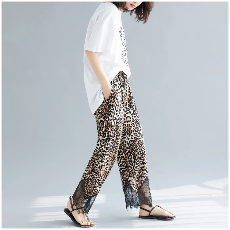 2019 Summer Fashion Streetwear Lace Patchwork Leopard Pants Women Casual | Женская одежда