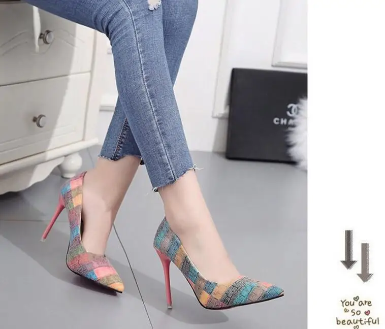 Туфли женские с острым носком тонкий каблук 10 см в полоску высокий