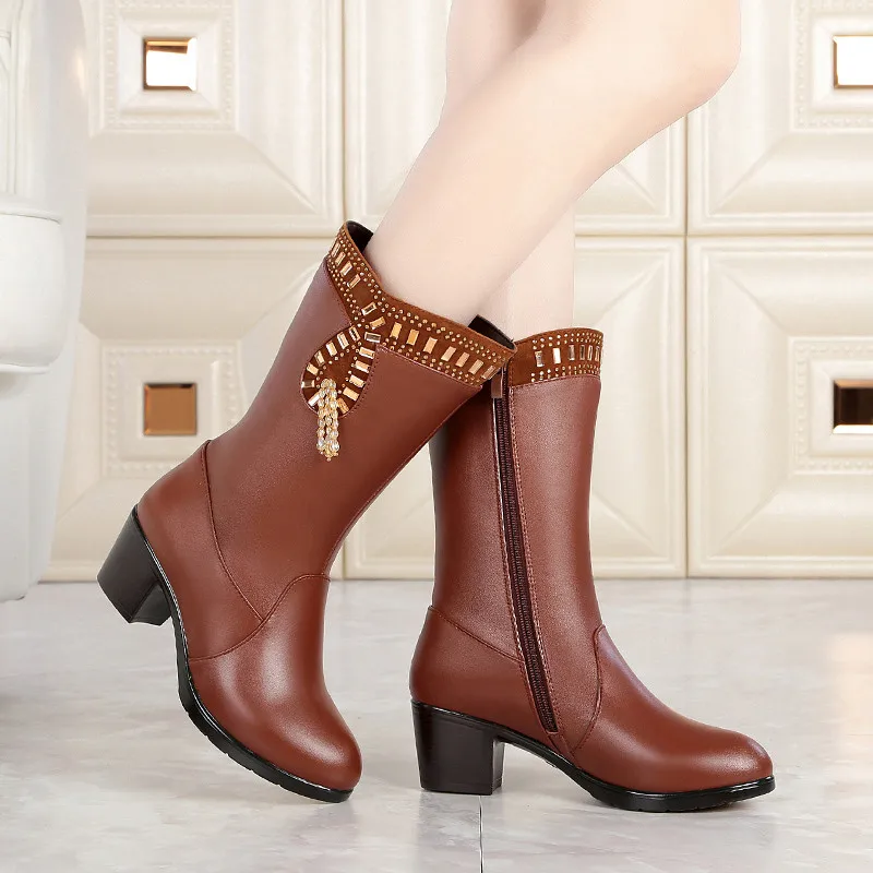 

MoonMeek 2020 fashion mid calf boots women round toe thick high heels pu+cowe leather boots bling keep warm snow boots wool