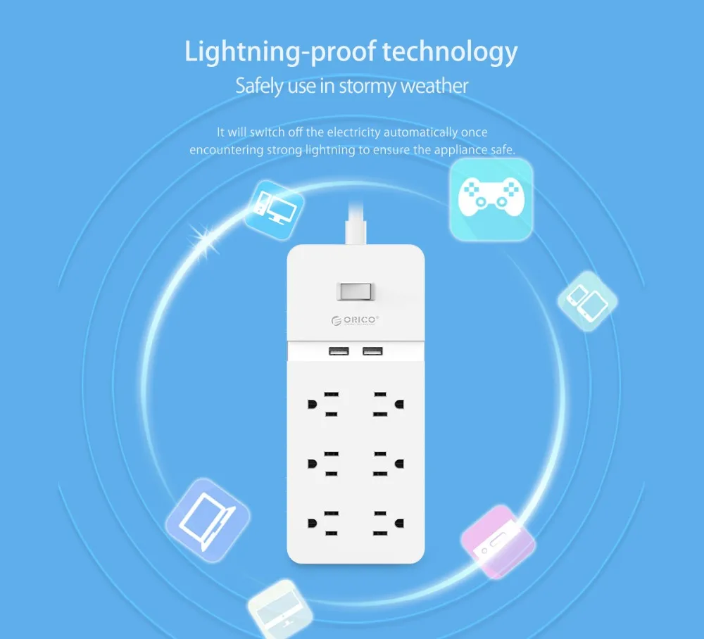 ORICO 6 AC Outlet Защита от перенапряжения с 2 USB зарядными портами умная Многополосная