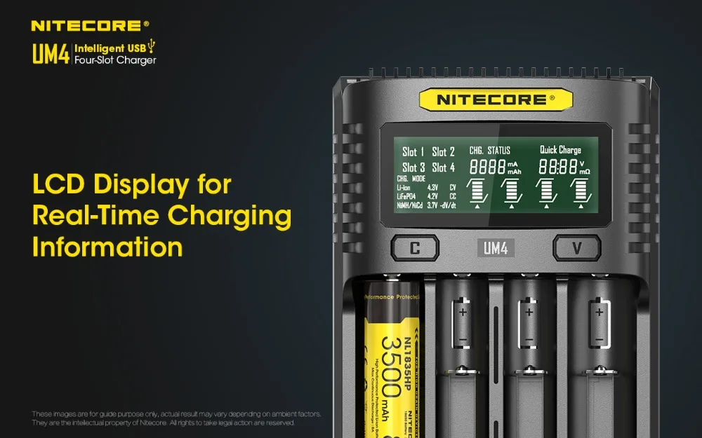 NITECOR UM4 C4 VC4 LCD Смарт зарядное устройство для литий-ионных/IMR/INR/ICR/LiFePO4 18650 14500 26650 AA 3,7 1,2 V 1,5 V батареи D4