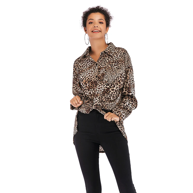 Womens Tops and Blouses Single-Breasted Leopard Chiffon Shirt Fashion Turn-down Collar Long-Sleeved Shirt Blouse