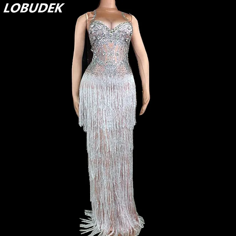 

Full Rhinestones Tassel Long Dress Women Birthday Celebration Sleeveless Crystals Fringe Dress Evening Prom Catwalk Stage Dress