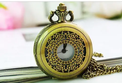 

Hot sales Vintage Classic fashion bronze Hollow out Pocket watch necklace cheap wholesale 10pcs/lot free shipping