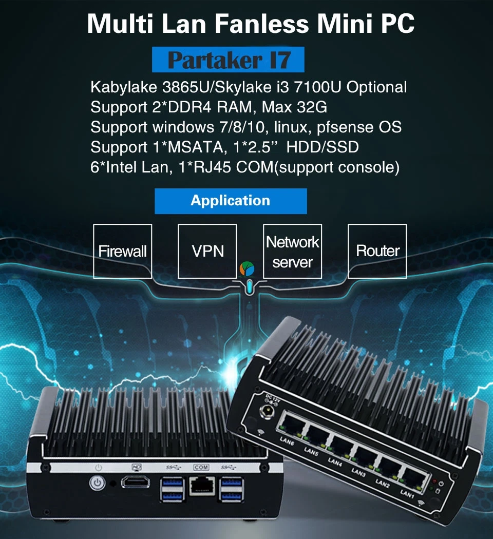Причастником 6 Ethernet LAN безвентиляторный pfsense Мини ПК Intel Skylake core i3 7100U DDR4 Ram AES-NI linux сервер брандмауэр компьютер