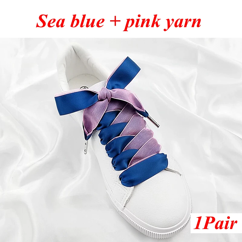 Sea blue pink 1 пара двусторонний шелковые шнурки снег пряжа атласная лента обувь с кружевами на шнурках модные кроссовки шнурки 2 см Ширина 80/100/120 см - Цвет: Sea blue pink