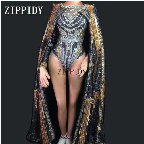 Fashion Black Gold Performance Outfit Crystals Leotard Long Cap Rhinestones Costumes Women Stage Dance Sequins Jacket