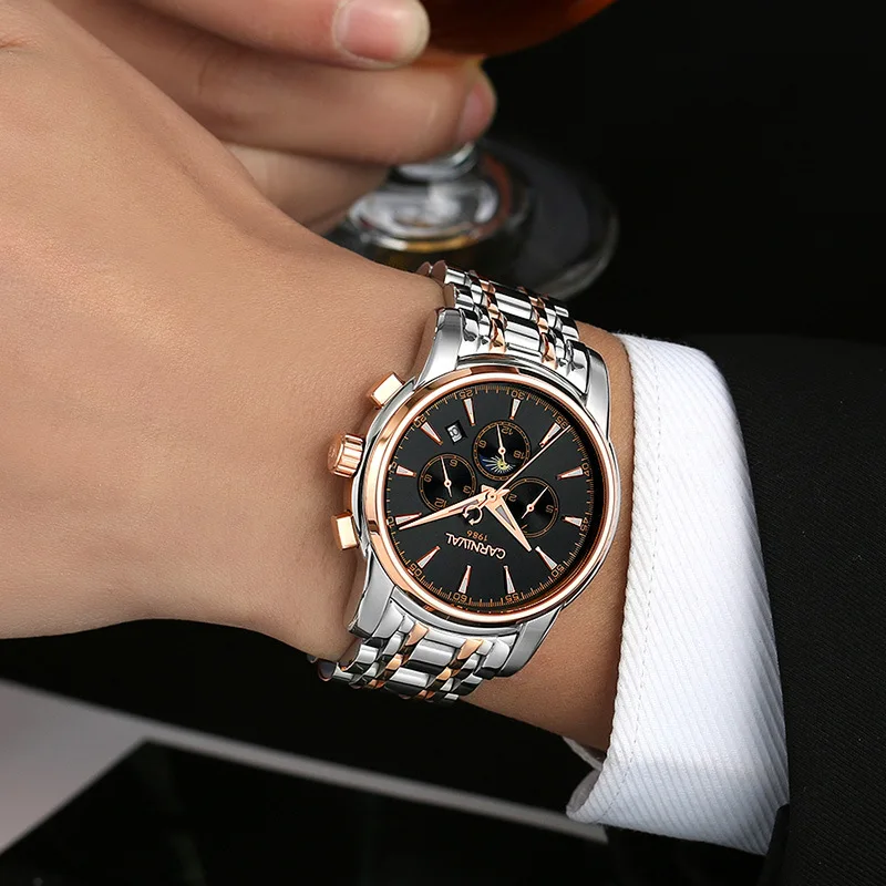 

2017 CARNIVAL Stylish Complication Men Watch Topbrand Luxury Relogio Business Waterproof Luminous Steel Mechanical Montre Homme