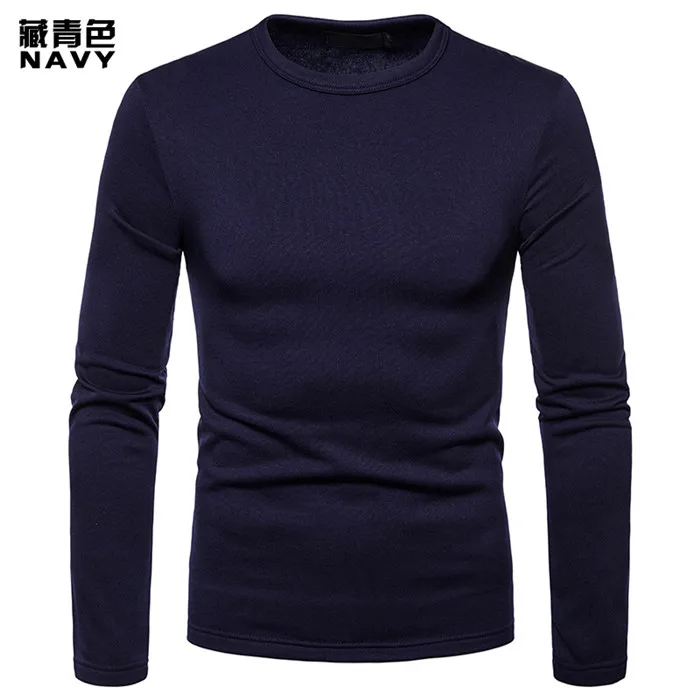 Зима плюс бархат теплая футболка для мужчин бренд Slim Fit длинный рукав футболка Homme повседневные топы уличного стиля футболка для мужчин - Цвет: navy