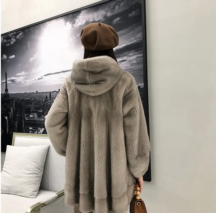 Новое натуральное Норковое меховое пальто с капюшоном, длинное пальто, зимняя женская верхняя одежда